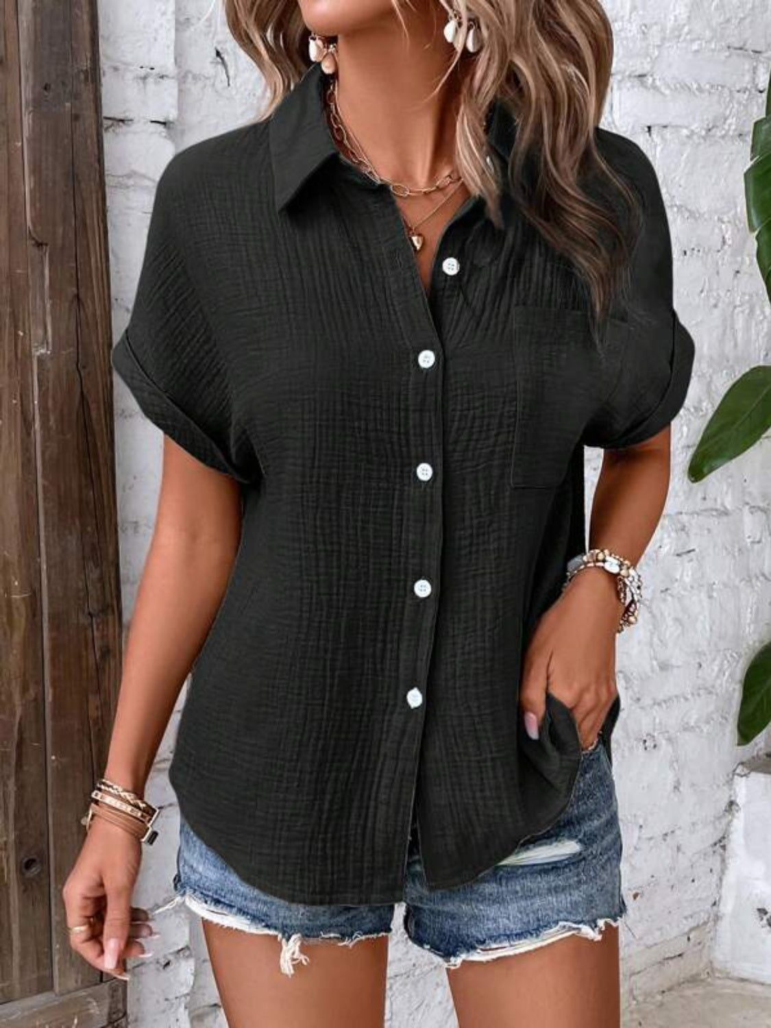 Lovelet Textured Button Up Short Sleeve Shirt - The Boutie Shop