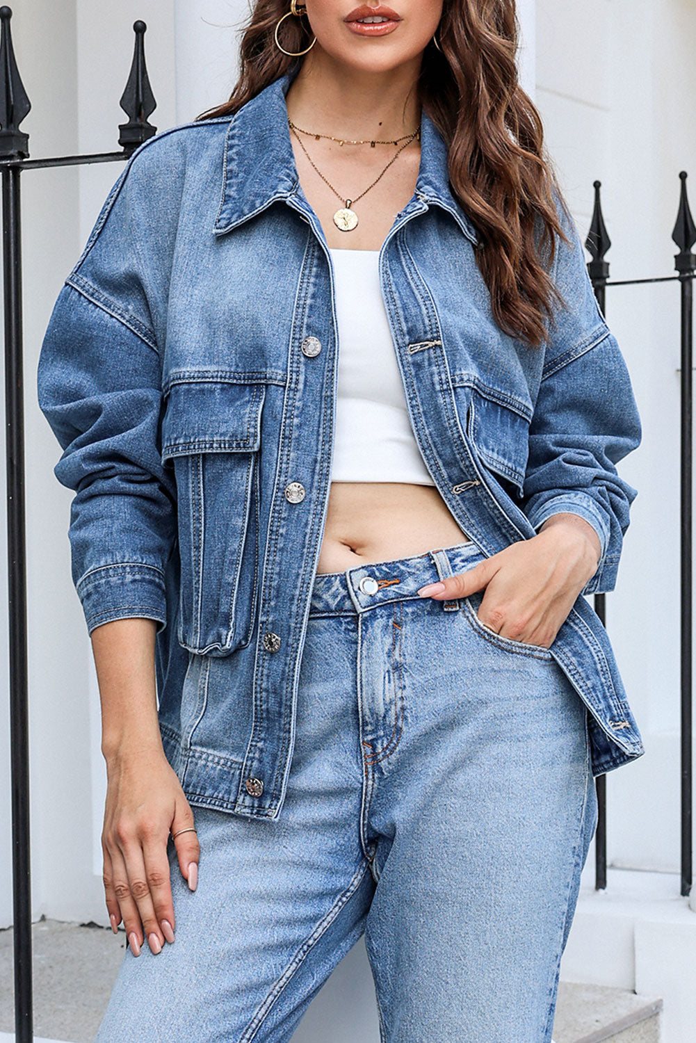 Button Up Dropped Shoulder Denim Jacket with Pockets - The Boutie Shop