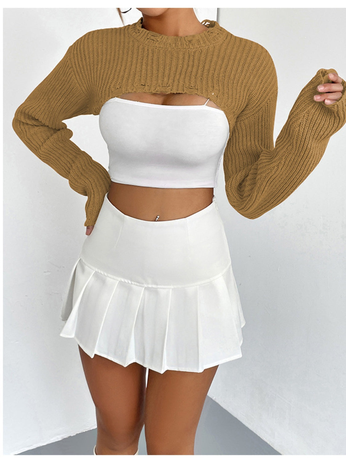 Distressed Long Sleeve Cropped Sweater - The Boutie Shop