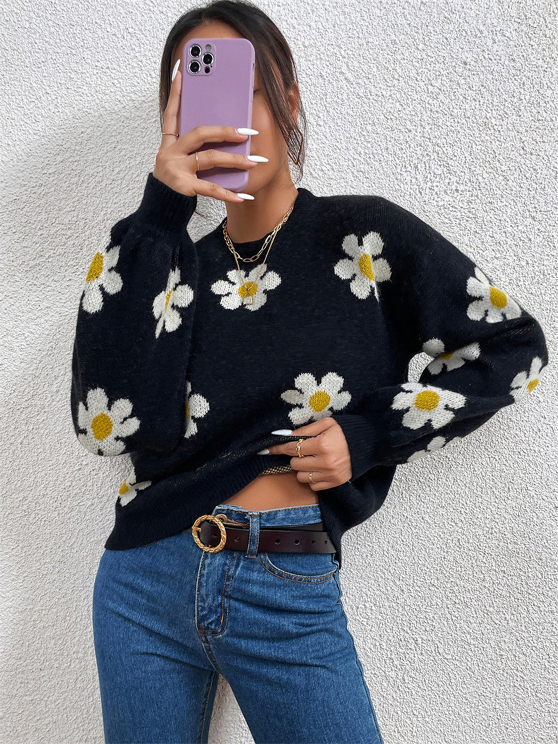 Flower Round Neck Latern Sleeve Sweater - The Boutie Shop