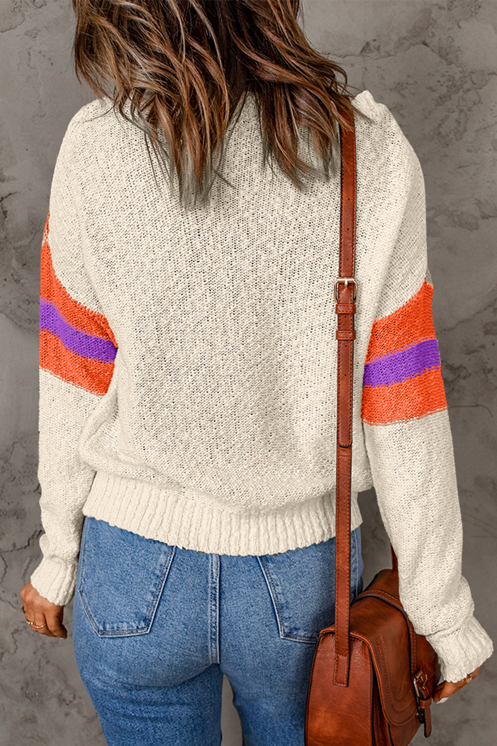 Contrast Round Neck Dropped Shoulder Sweater - The Boutie Shop