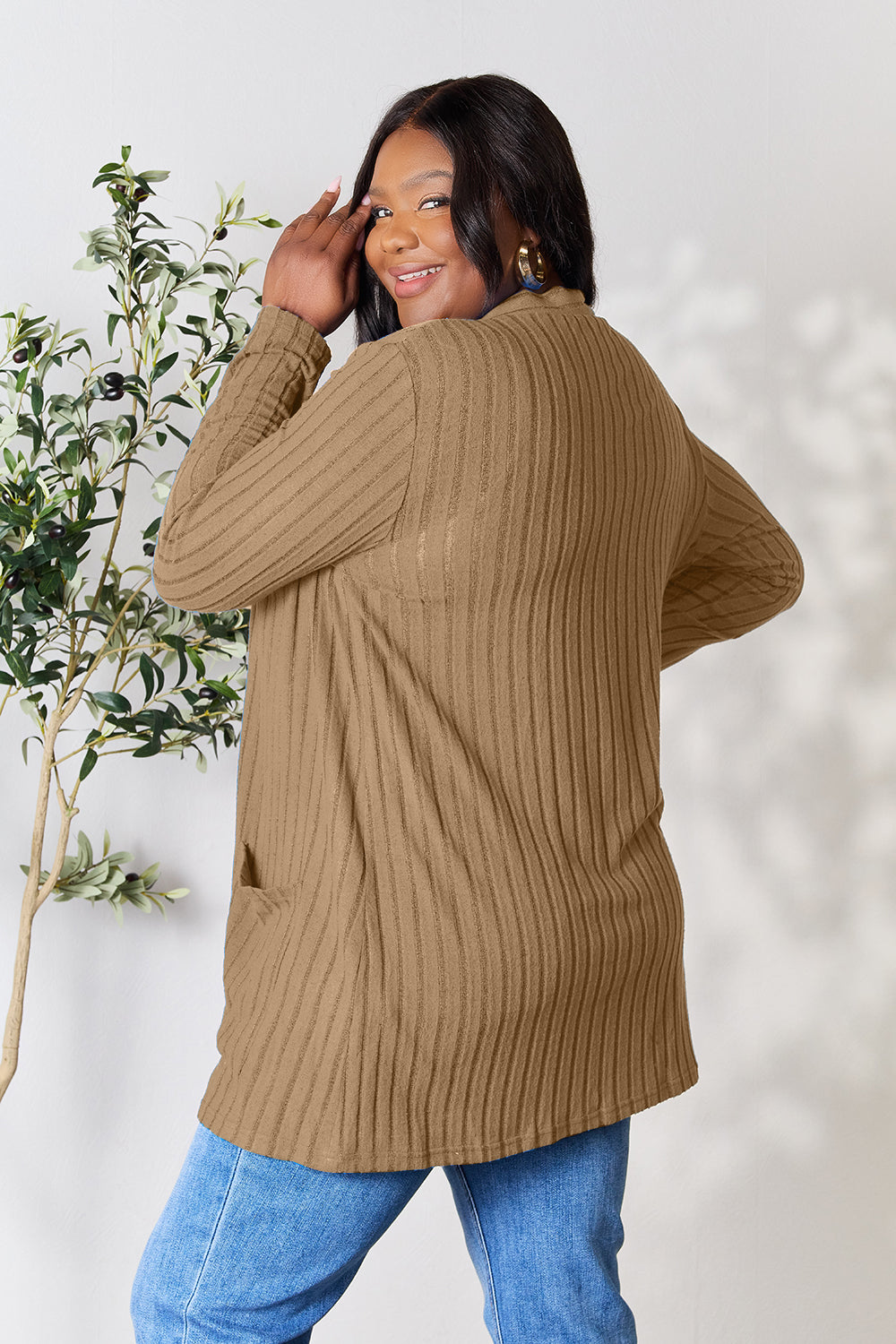 Basic Bae Full Size Ribbed Open Front Cardigan with Pockets - The Boutie Shop