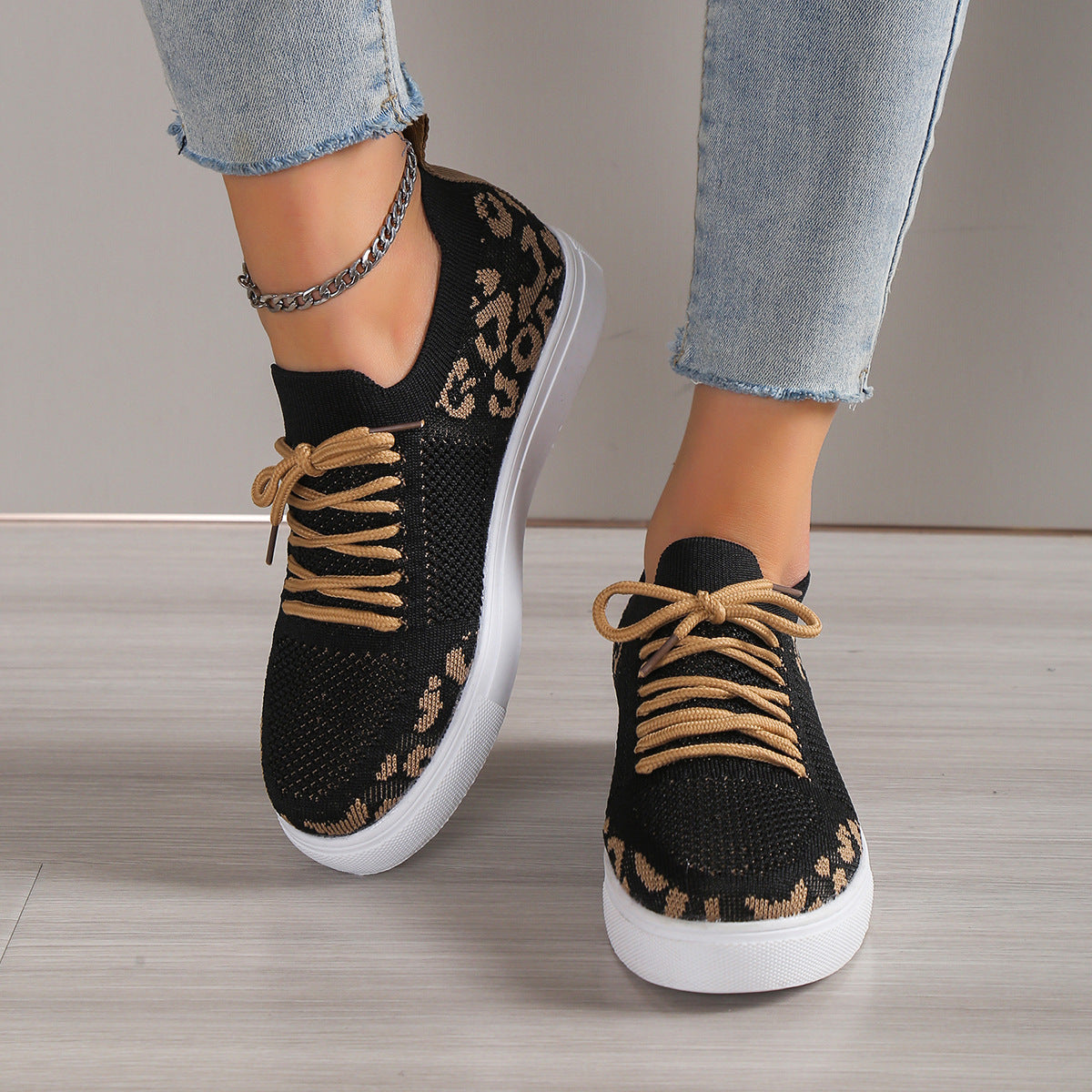 Lace-Up Leopard Flat Sneakers - The Boutie Shop