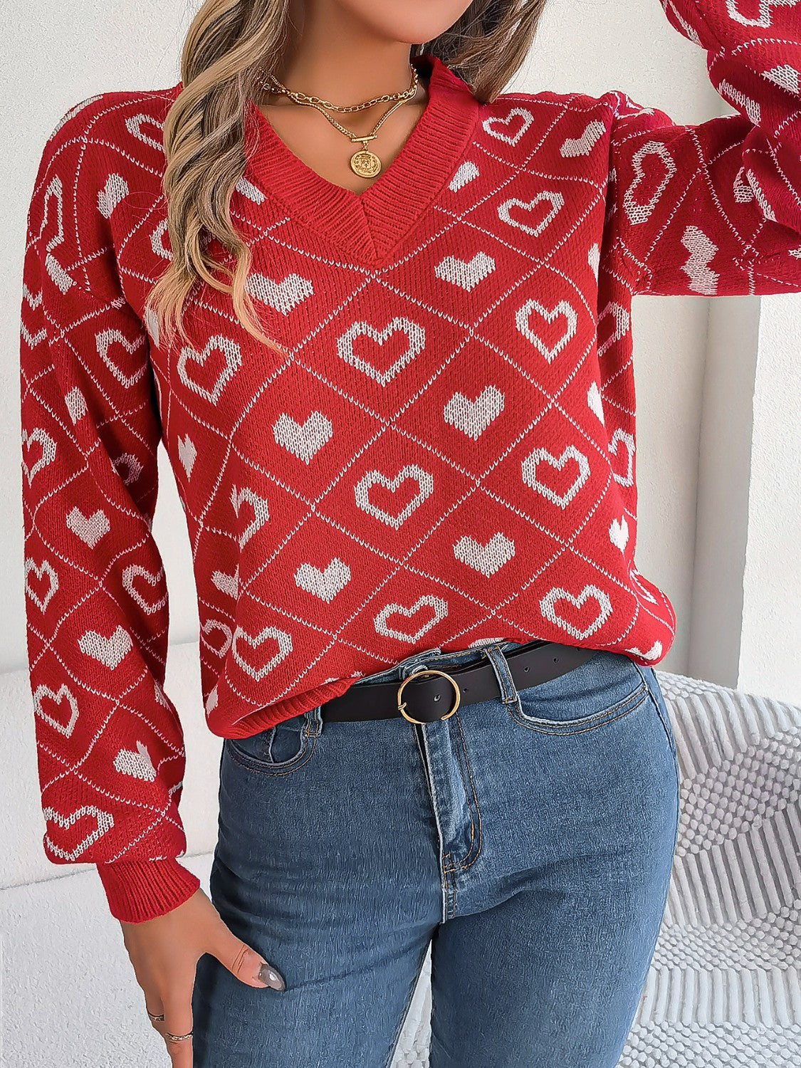 Heart Pattern V-Neck Long Sleeve Sweater - The Boutie Shop