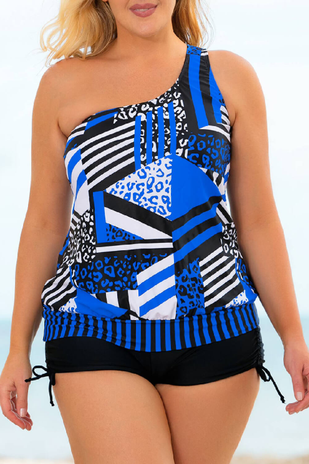 Plus Size Patchwork Tied One-Shoulder Tankini Set - The Boutie Shop