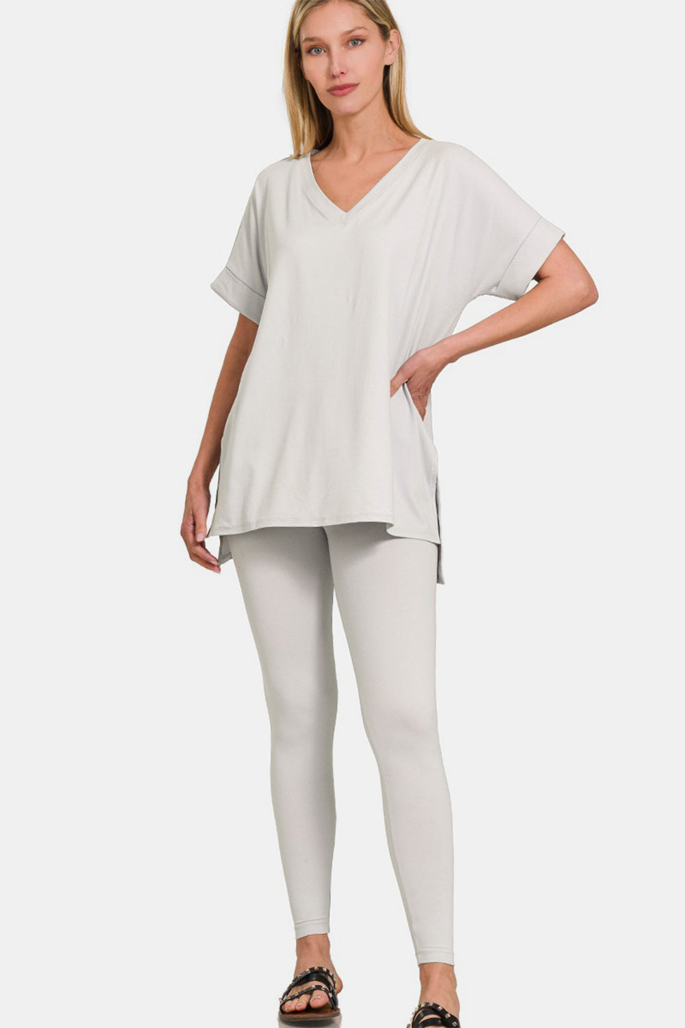 Zenana V-Neck Rolled Short Sleeve T-Shirt and Leggings Lounge Set - The Boutie Shop