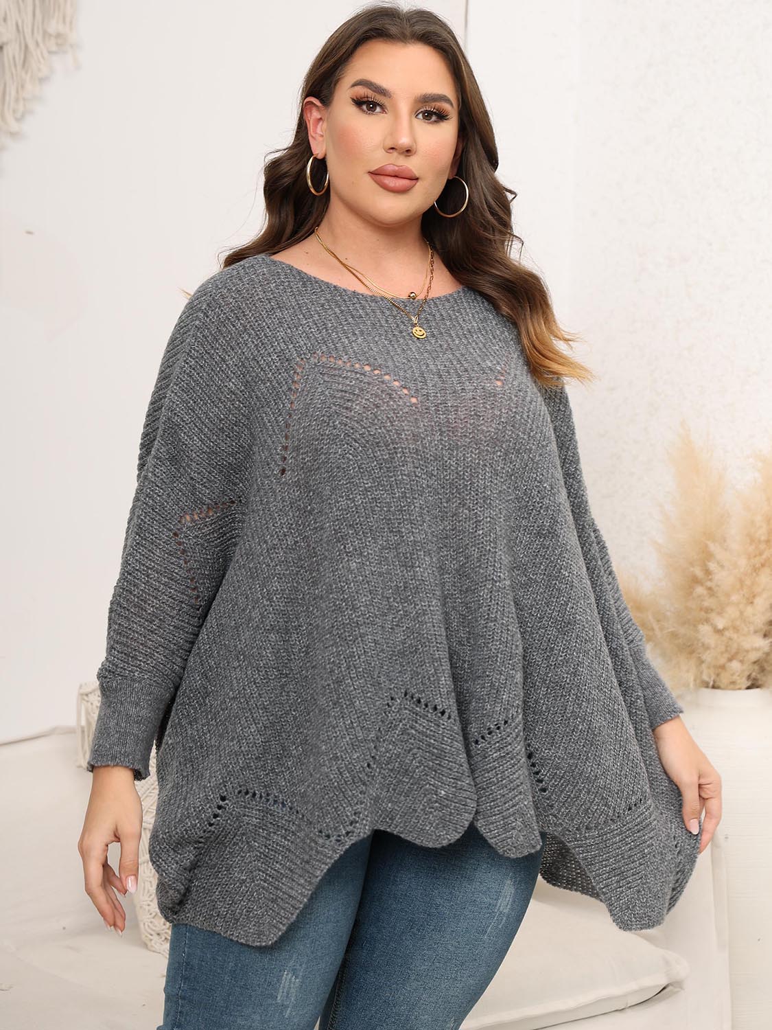 Plus Size Round Neck Batwing Sleeve Sweater - The Boutie Shop