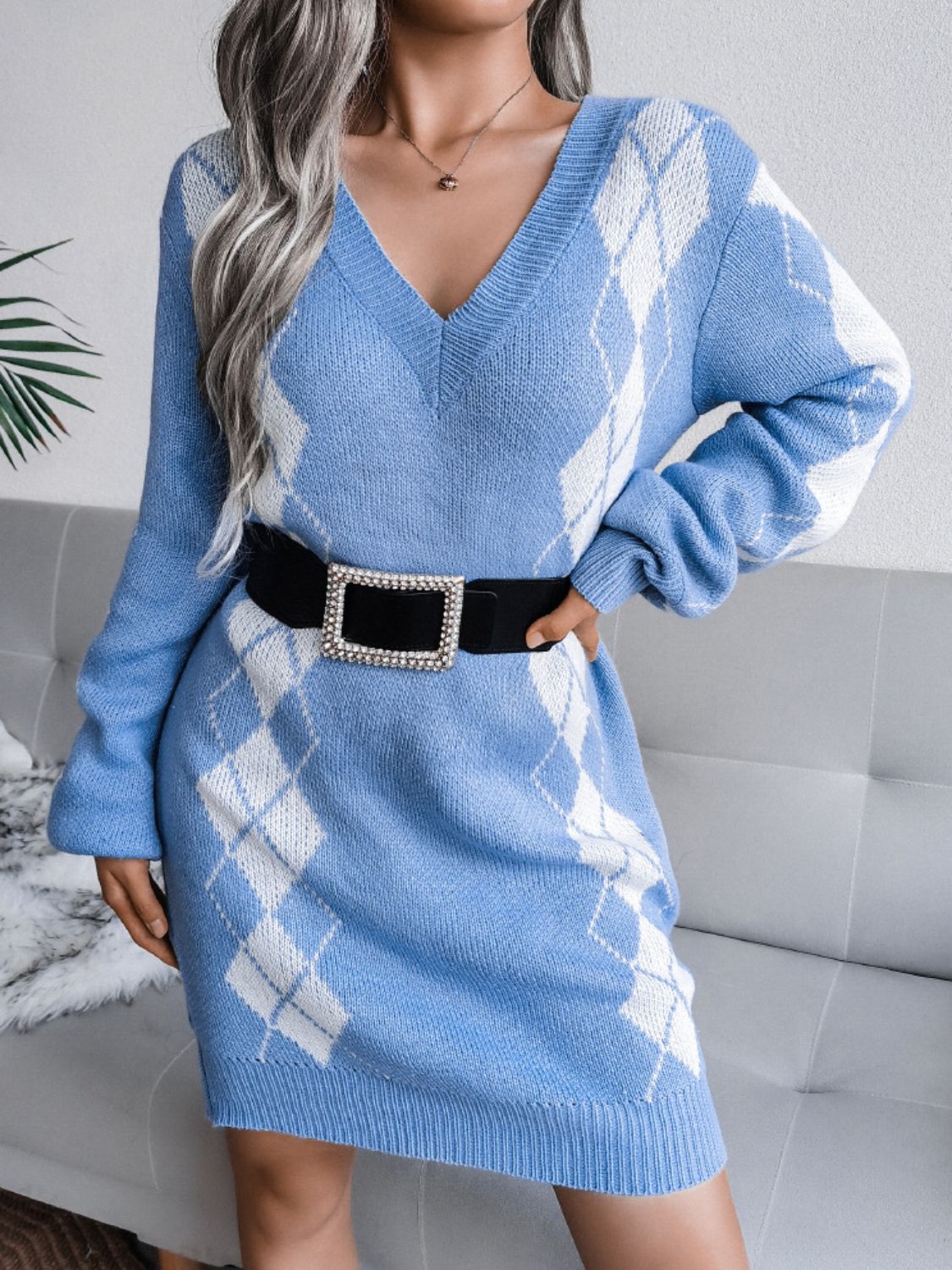 Woven Right Argyle V-Neck Ribbed Trim Sweater Dress - The Boutie Shop