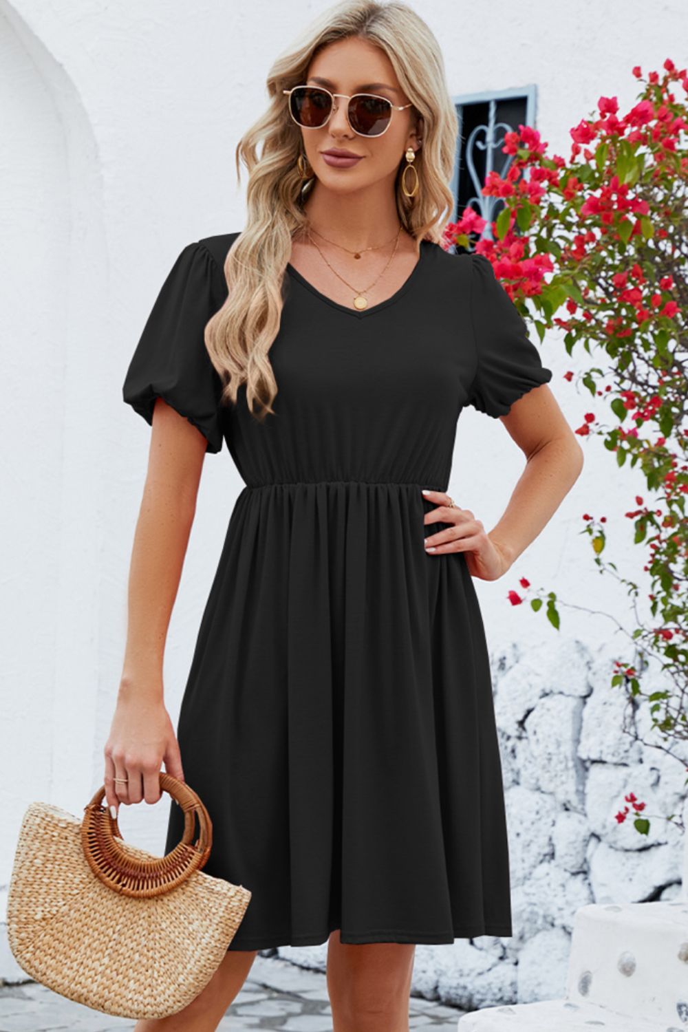 V-Neck Balloon Short Sleeve Dress - The Boutie Shop