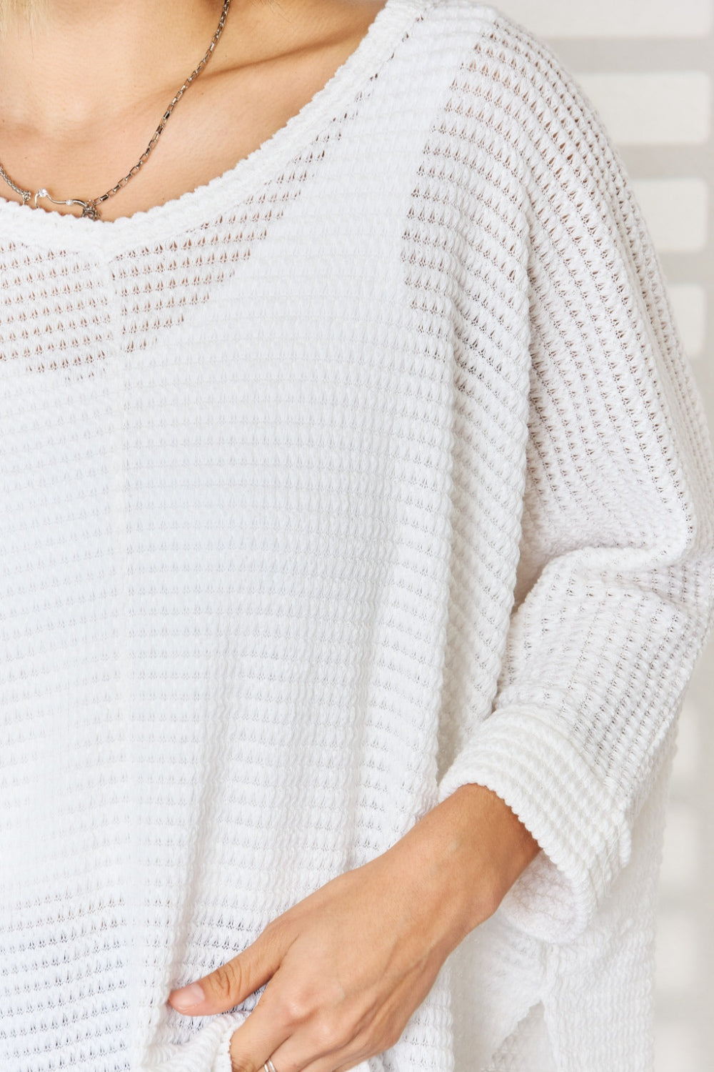 Zenana Full Size Waffle Knit V-Neck Long Sleeve Slit Top - The Boutie Shop