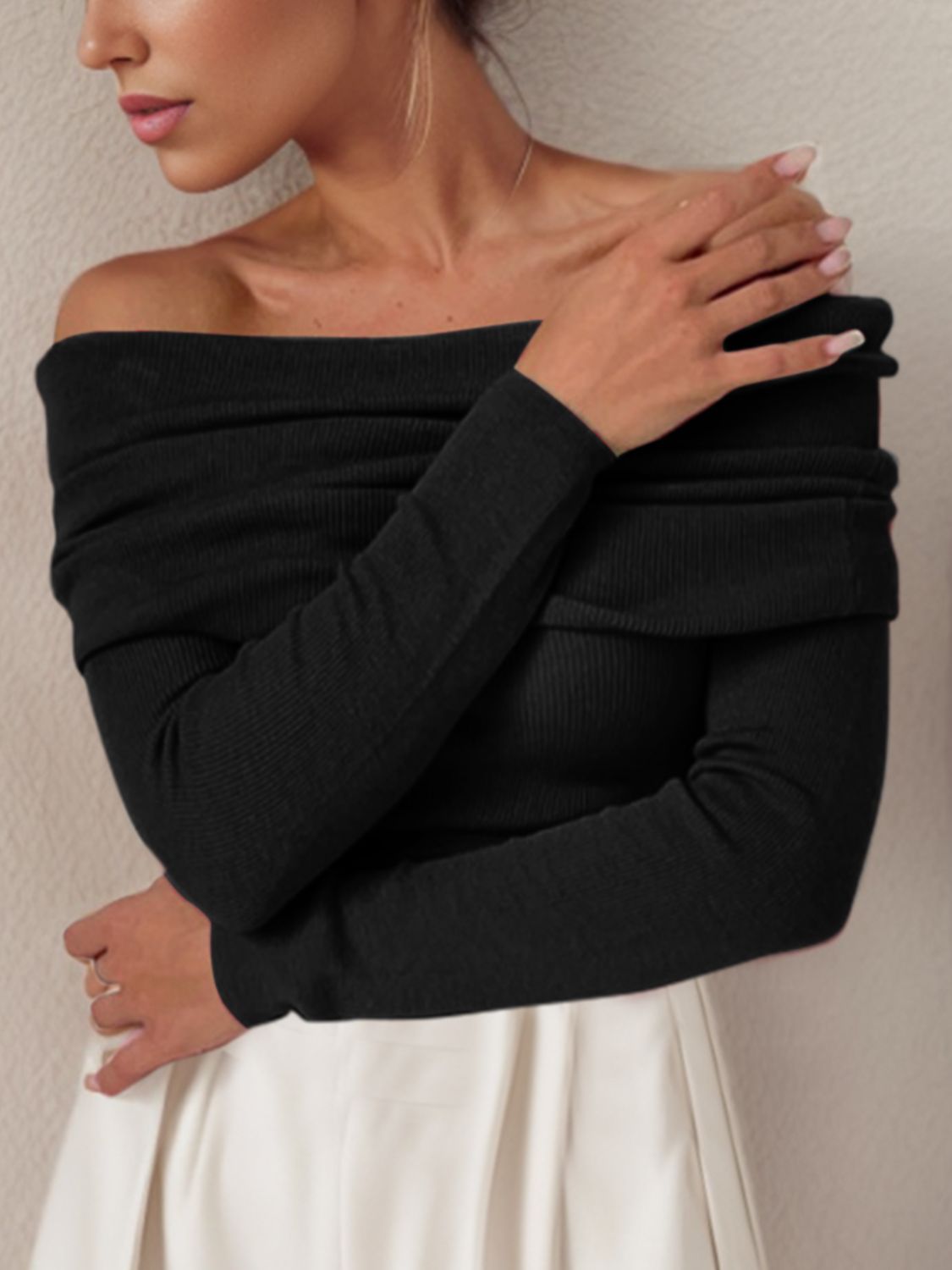 Off-Shoulder Long Sleeve Sweater - The Boutie Shop