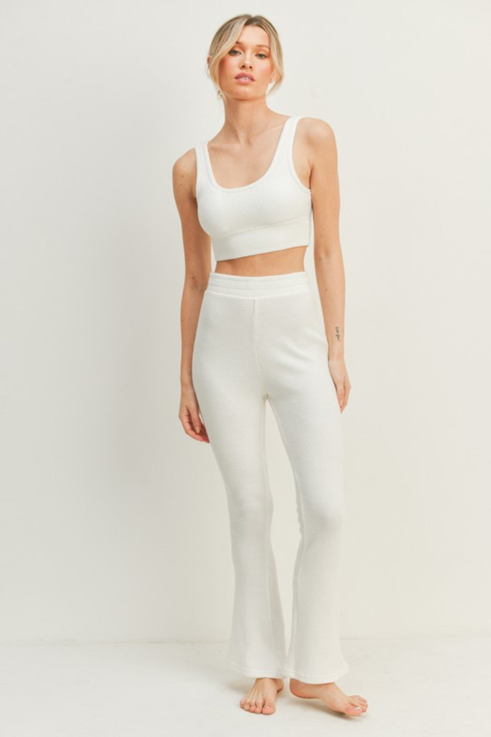 Kimberly C Waffle Tank and High Waist Flare Pants Set - The Boutie Shop