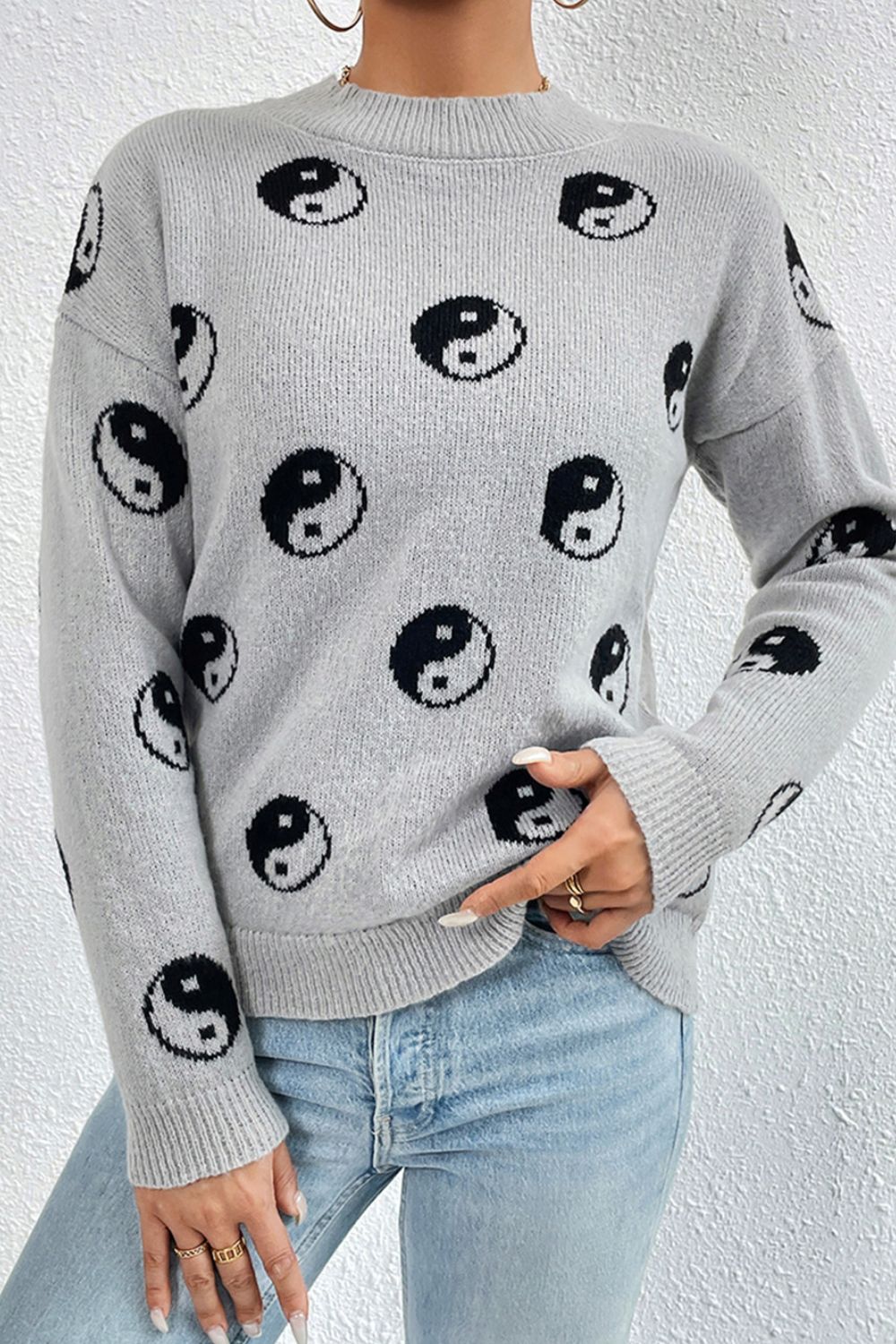 Graphic Mock Neck Dropped Shoulder Sweater - The Boutie Shop