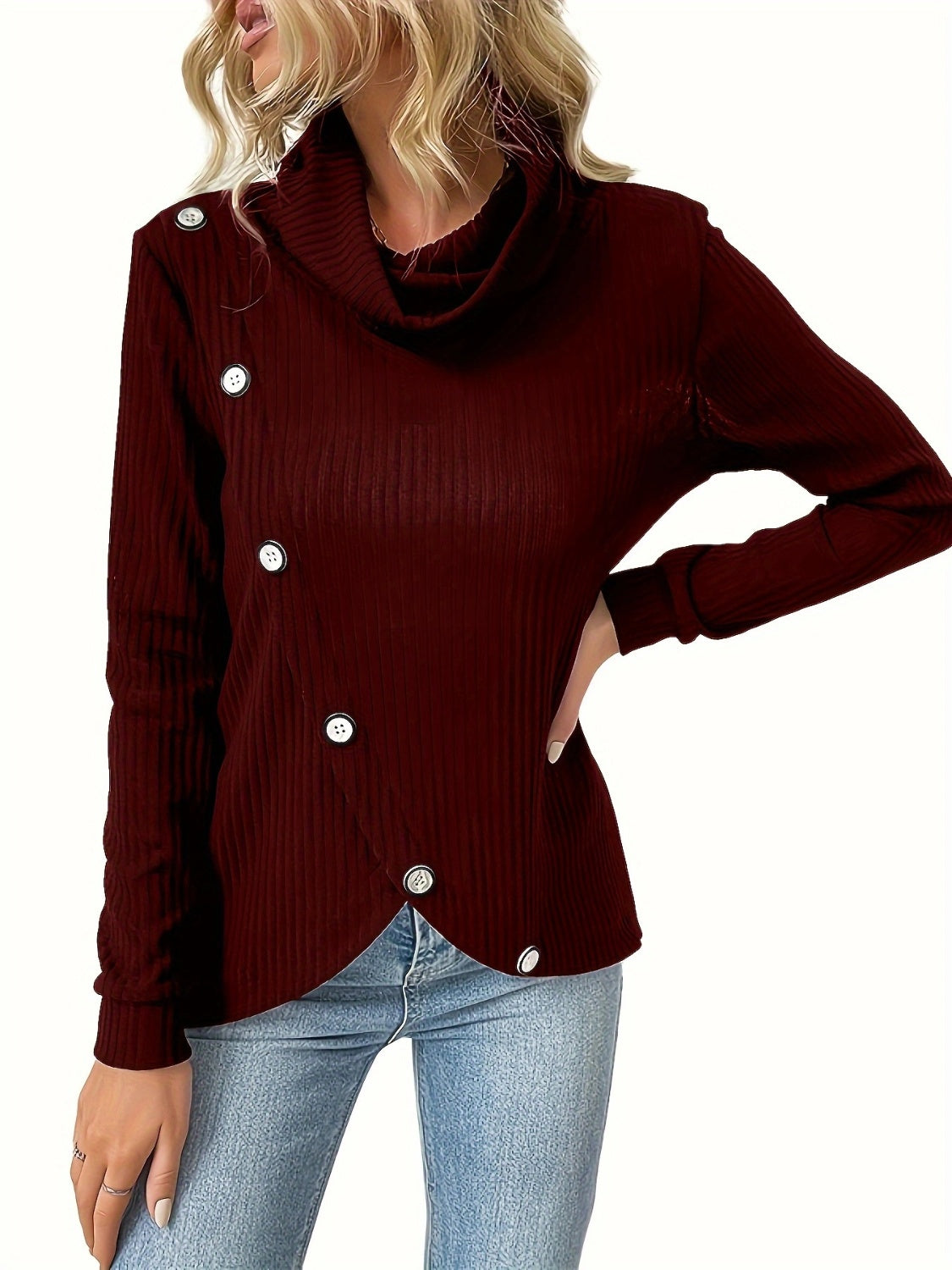 Decorative Button Turtleneck Long Sleeve T-Shirt - The Boutie Shop