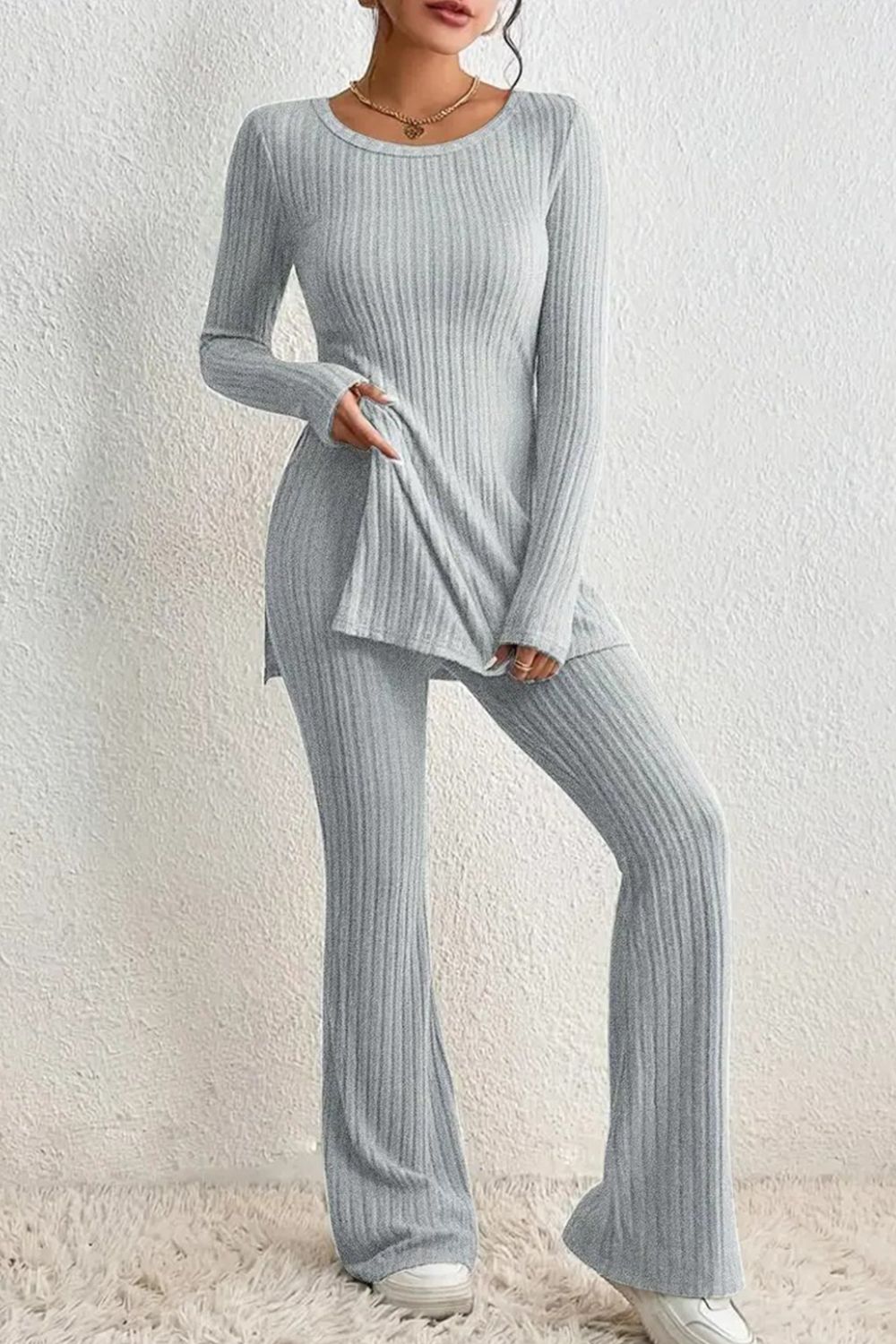 Ribbed Long Sleeve Slit Top and Bootcut Pants Set - The Boutie Shop