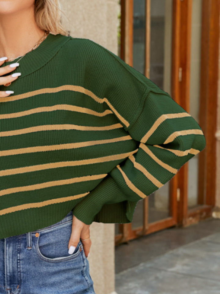 Round Neck Striped Lantern Sleeve Sweater - The Boutie Shop