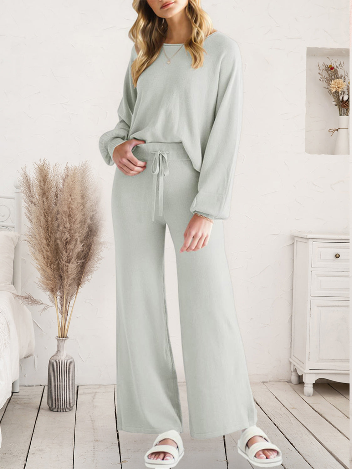 Long Sleeve Lounge Top and Drawstring Pants Set - The Boutie Shop