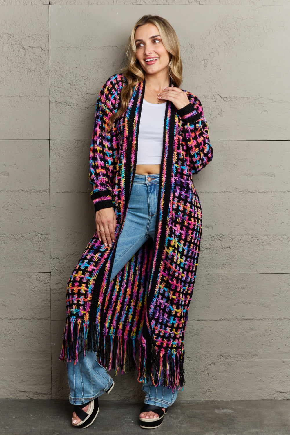 Angel Wings Full Size Multicolored Open Front Fringe Hem Cardigan - The Boutie Shop