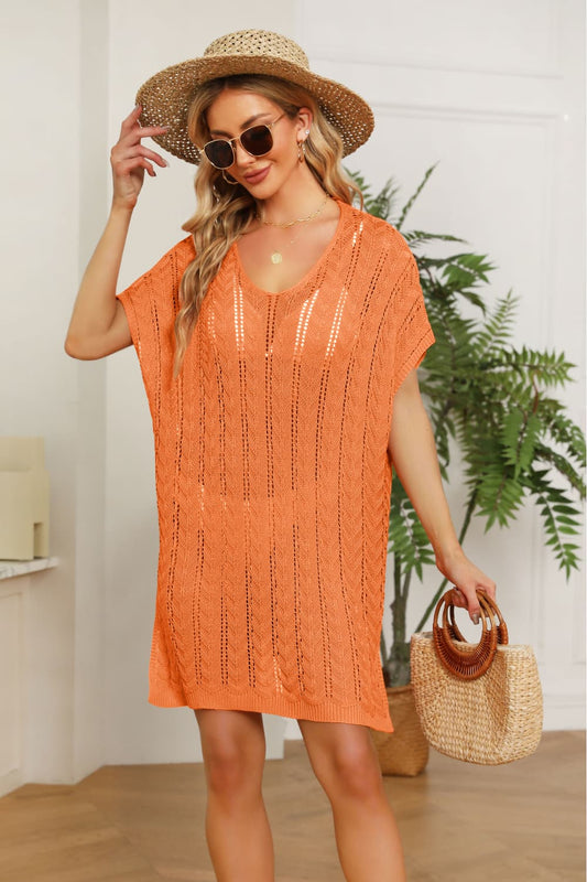 Openwork Side Slit Knit Dress - The Boutie Shop