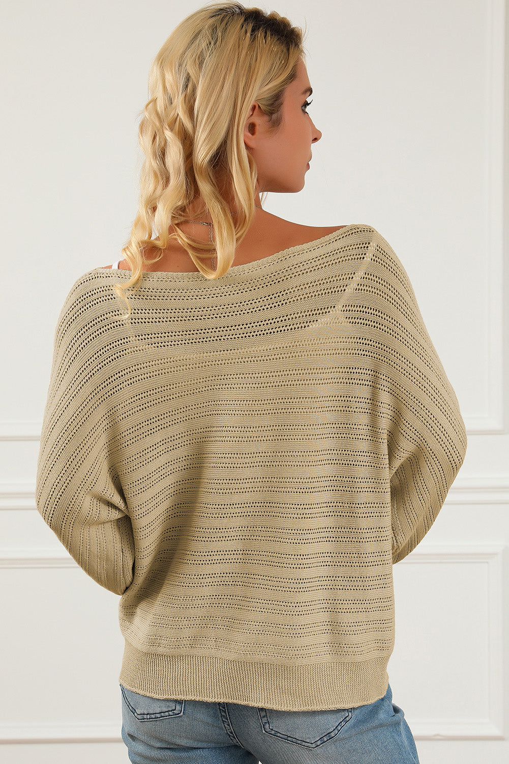 Openwork Boat Neck Lantern Sleeve Sweater - The Boutie Shop