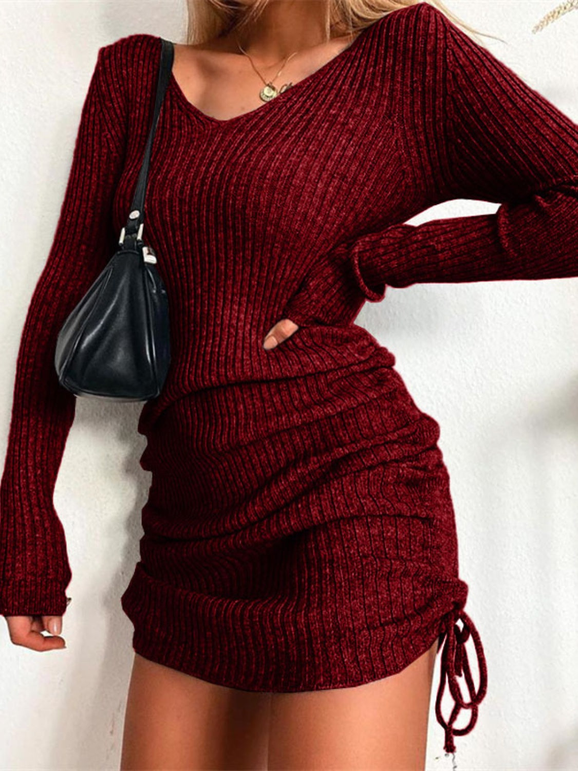 Ribbed Drawstring V-Neck Mini Dress - The Boutie Shop