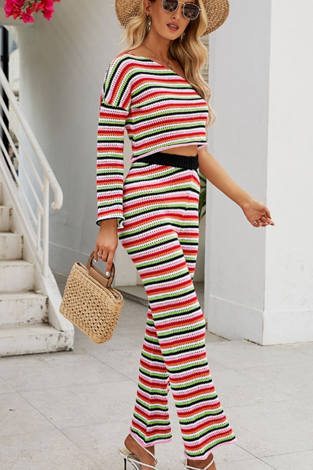 Striped Single Shoulder Top and Pants Knit Set - The Boutie Shop