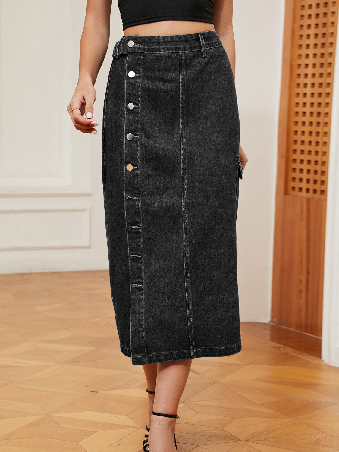 Button Down Midi Denim Skirt - The Boutie Shop