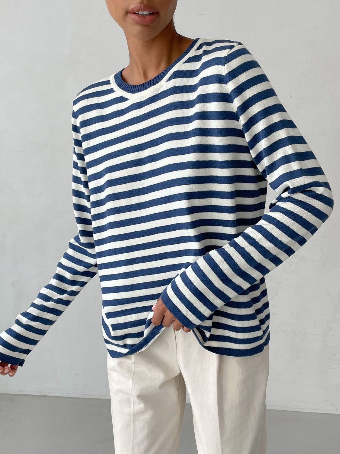 Striped Round Neck Long Sleeve Sweater - The Boutie Shop