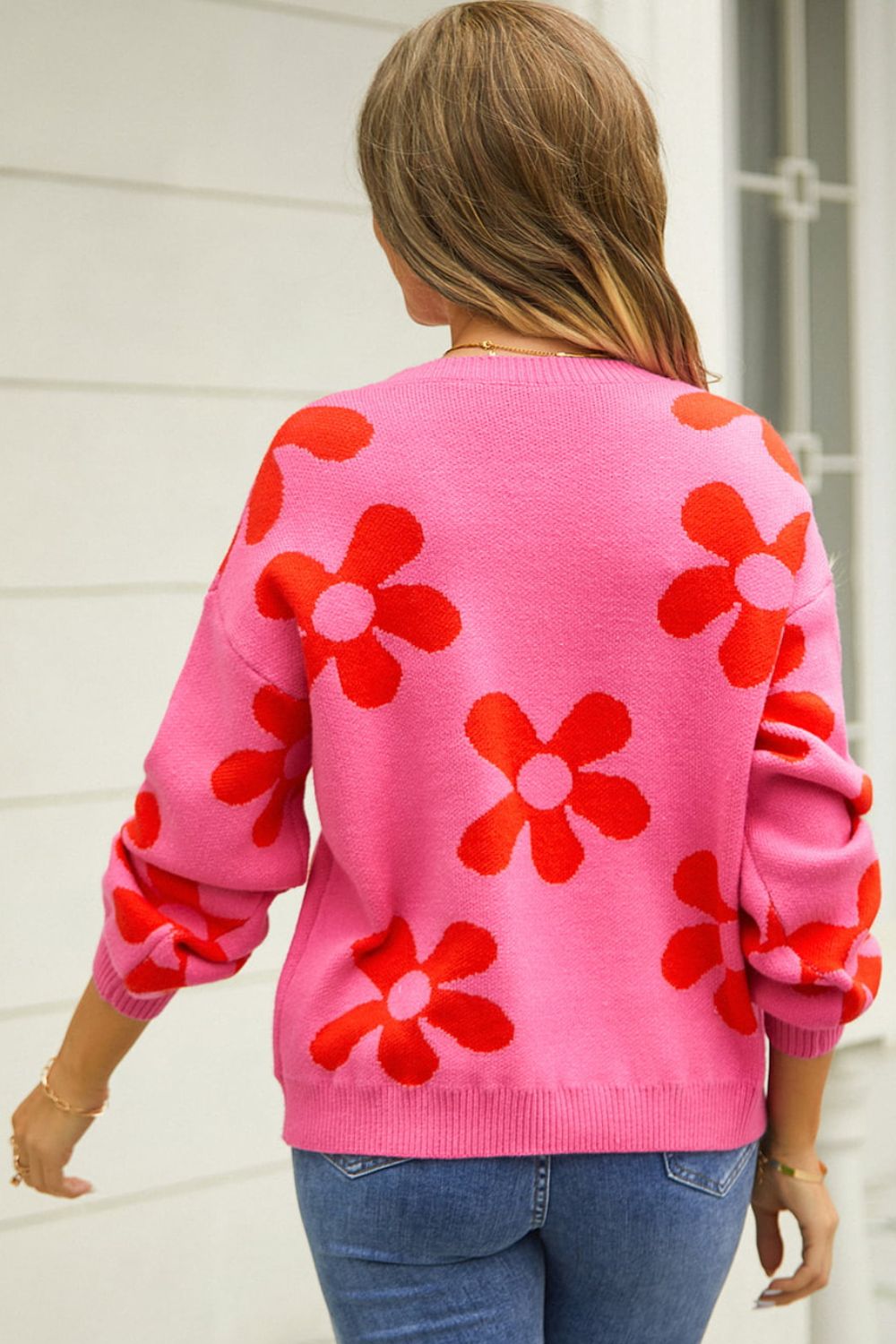 Angel Wings Floral Print Round Neck Dropped Shoulder Pullover Sweater - The Boutie Shop