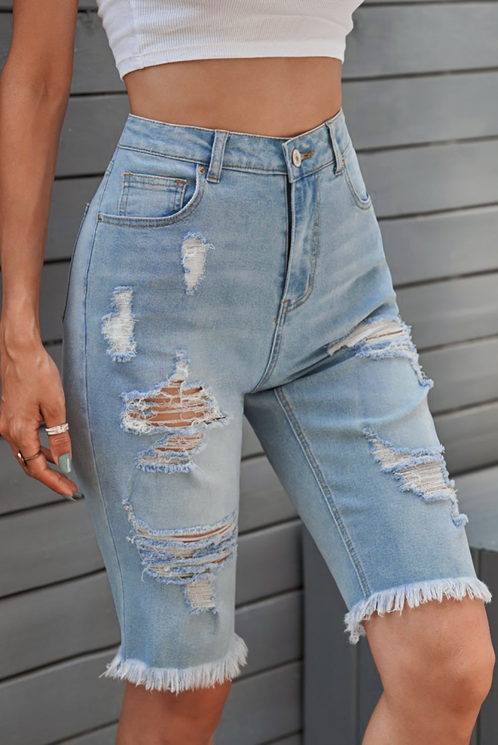 Distressed Raw Hem Denim Bermuda Shorts - The Boutie Shop