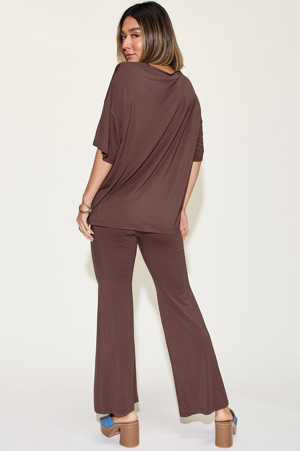 Basic Bae Full Size Bamboo Drop Shoulder T-Shirt and Flare Pants Set - The Boutie Shop