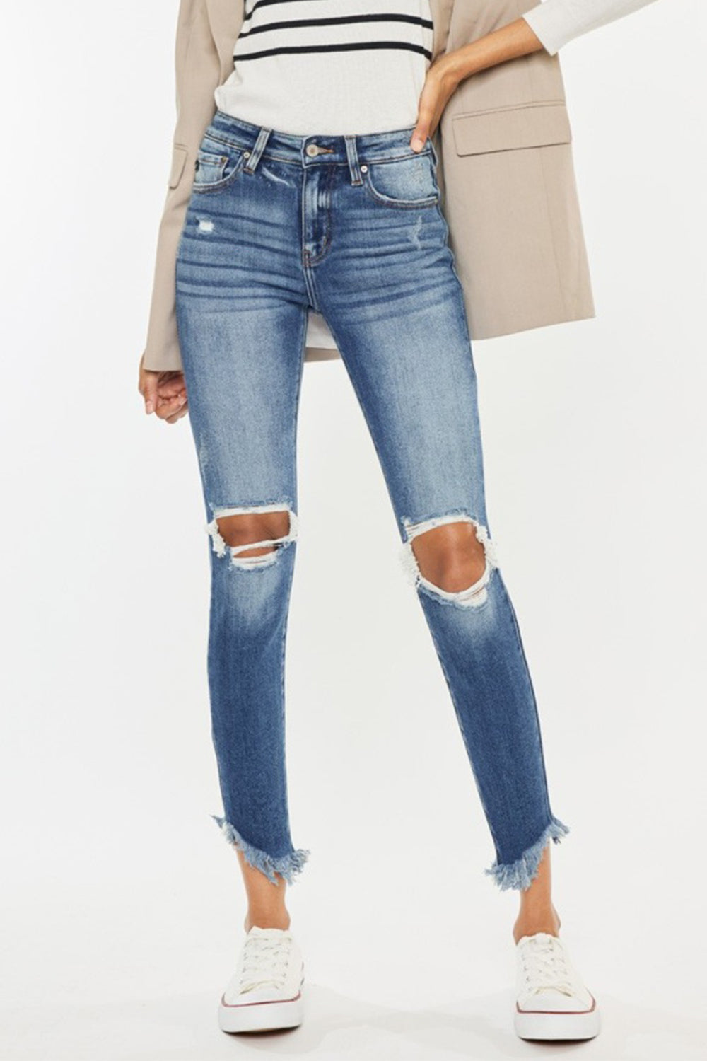 Kancan High Waist Distressed Raw Hem Ankle Skinny Jeans - The Boutie Shop