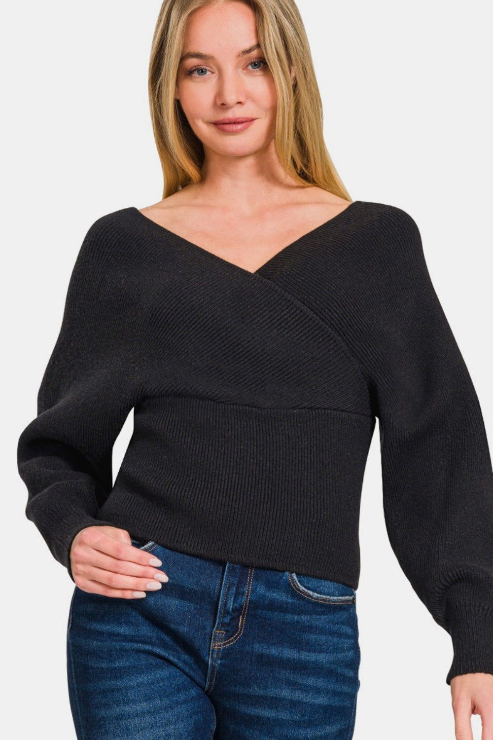 Zenana Cross Wrap Rib Long Sleeve Sweater - The Boutie Shop