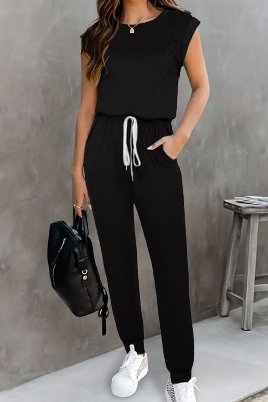 Drawstring Round Neck Sleeveless Jumpsuit - The Boutie Shop