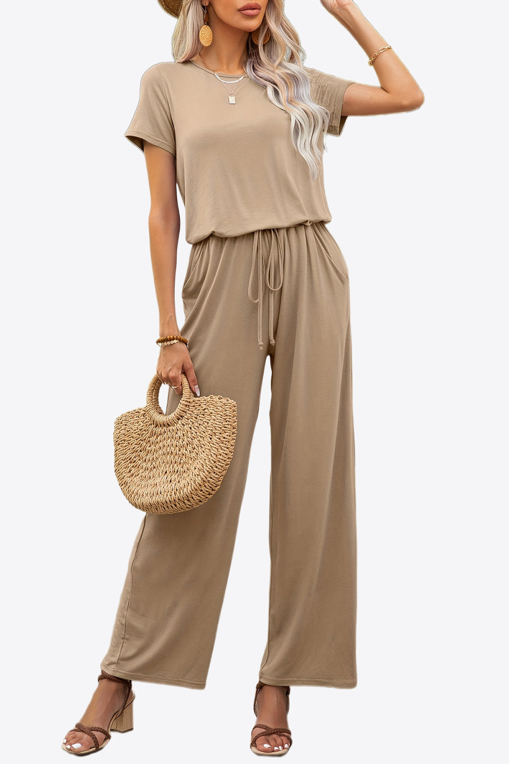 Round Neck Short Sleeve Jumpsuit with Pockets - The Boutie Shop