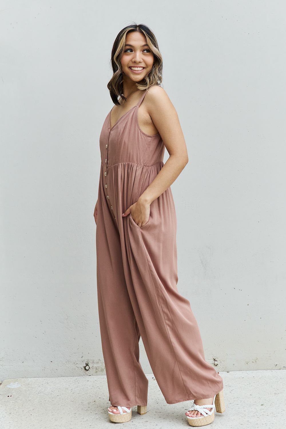 HEYSON All Day Full Size Wide Leg Button Down Jumpsuit in Mocha - The Boutie Shop