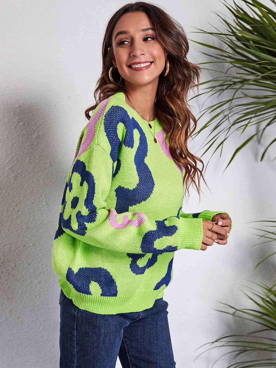 Flower Pattern Round Neck Long Sleeve Sweater - The Boutie Shop