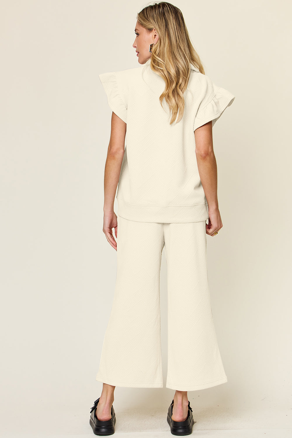 Double Take Texture Ruffle Short Sleeve Top and Drawstring Wide Leg Pants Set - The Boutie Shop