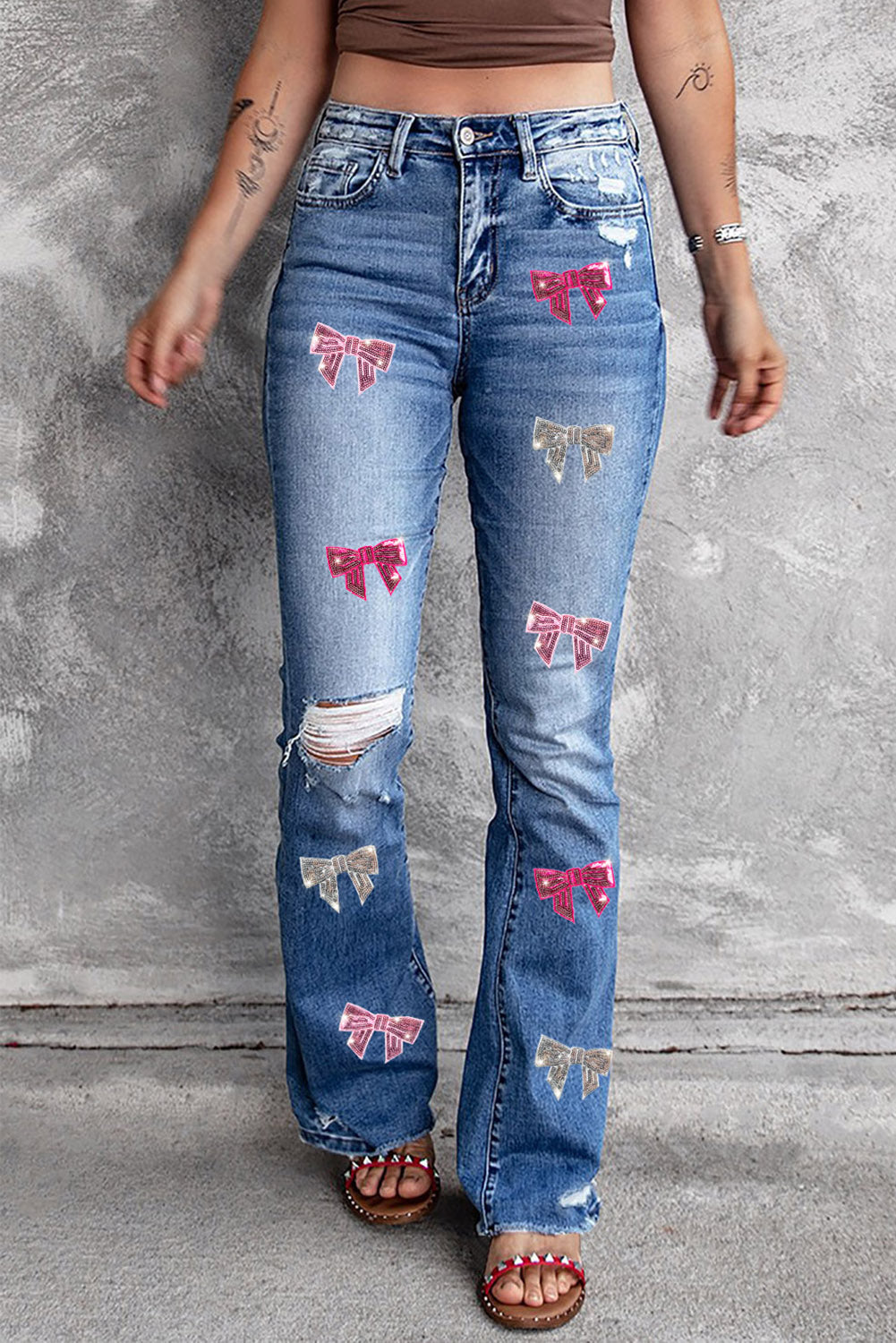 Sequin Bow Distressed Bootcut Jeans - The Boutie Shop