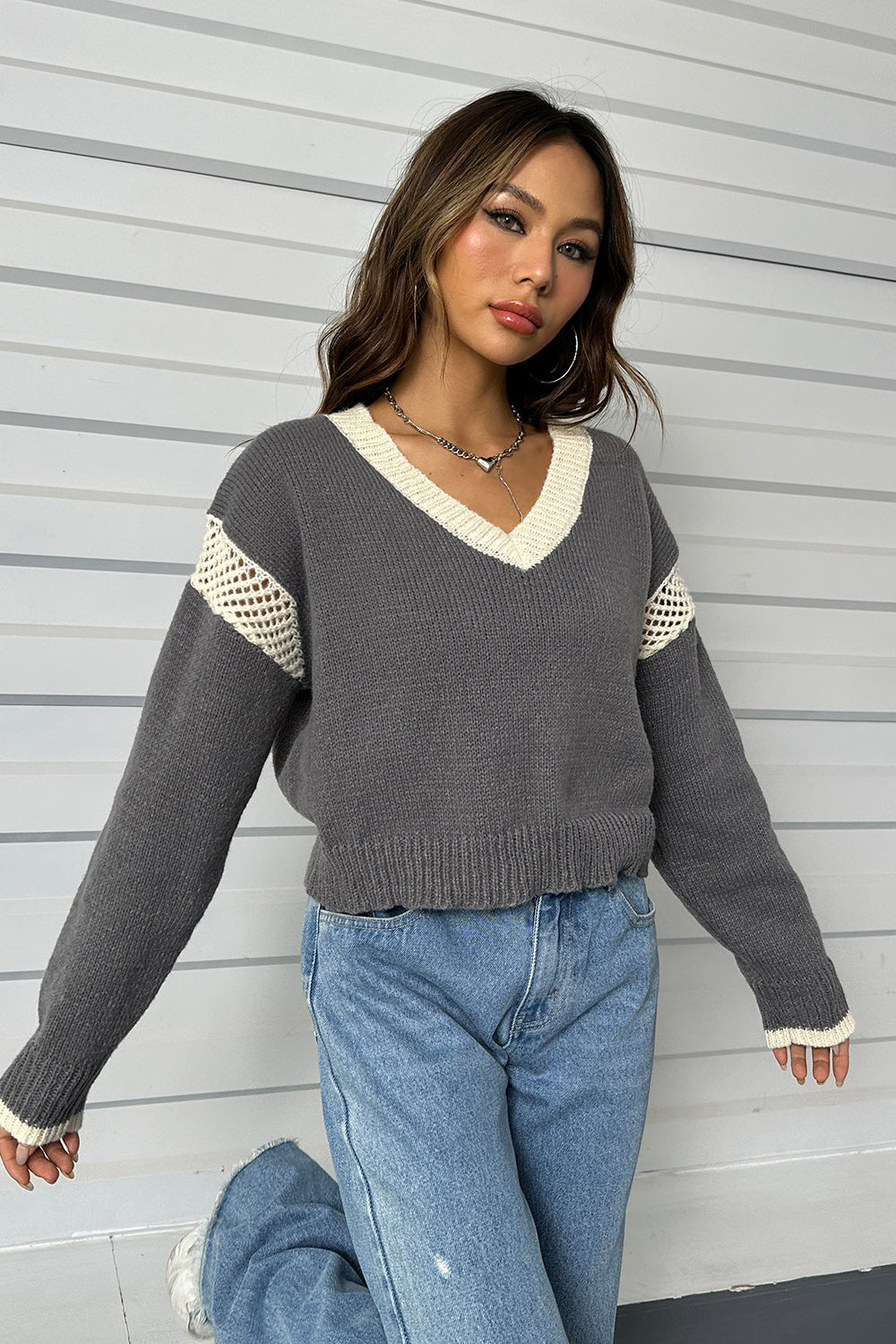 Contrast Openwork Long Sleeve V-Neck Sweater - The Boutie Shop