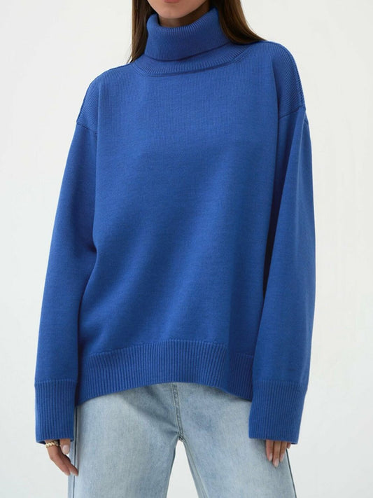 Turtle Neck Dropped Shoulder Sweater - The Boutie Shop