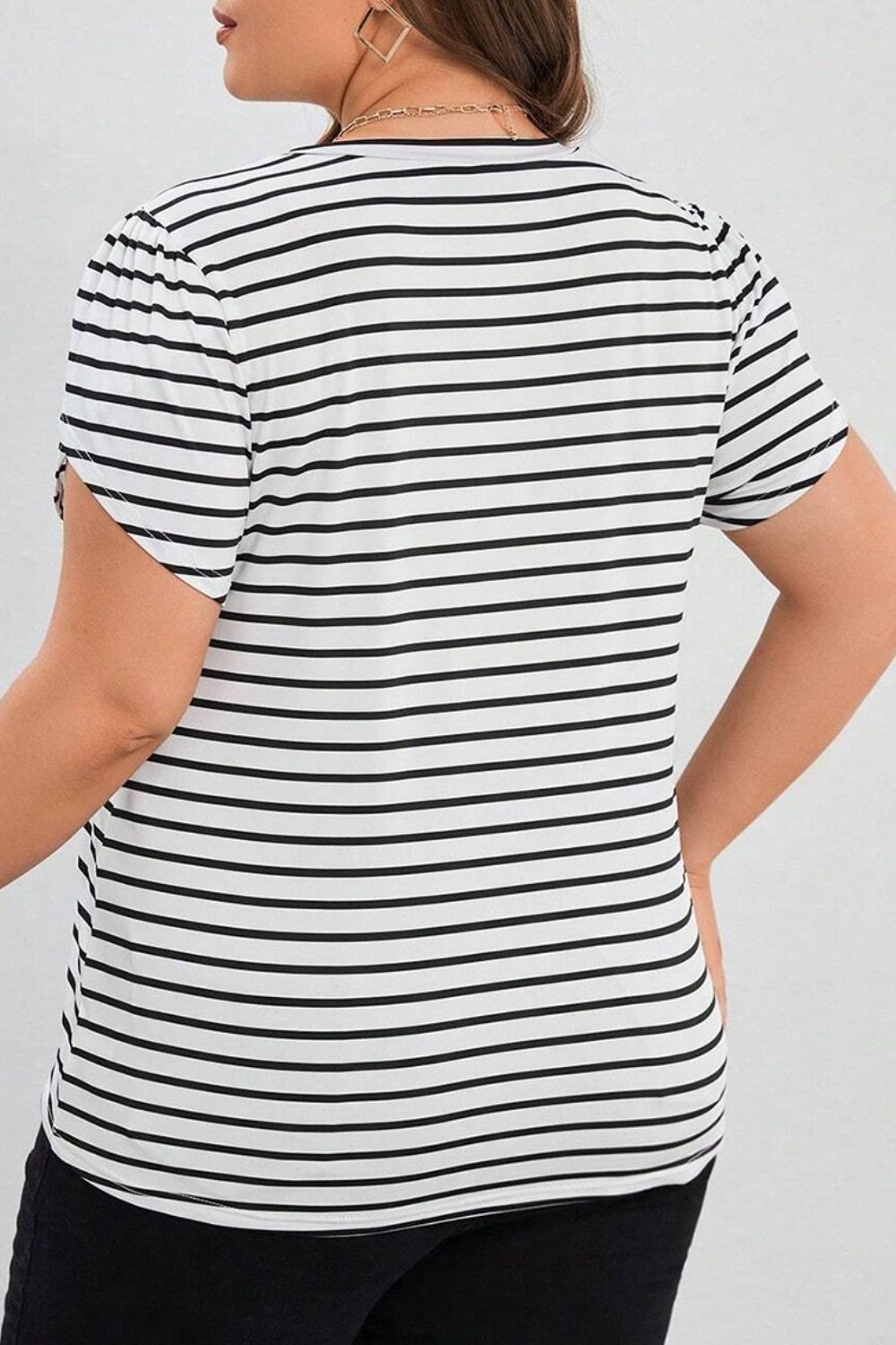 Plus Size Striped V-Neck Short Sleeve T-Shirt - The Boutie Shop