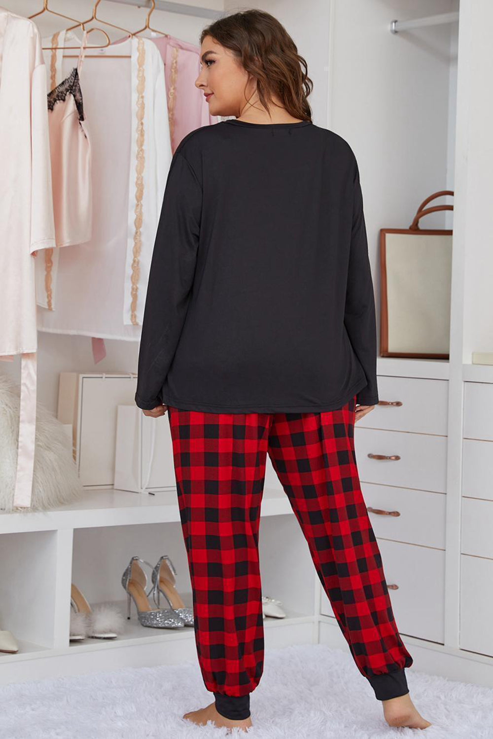 Plus Size Heart Graphic Top and Plaid Joggers Lounge Set - The Boutie Shop