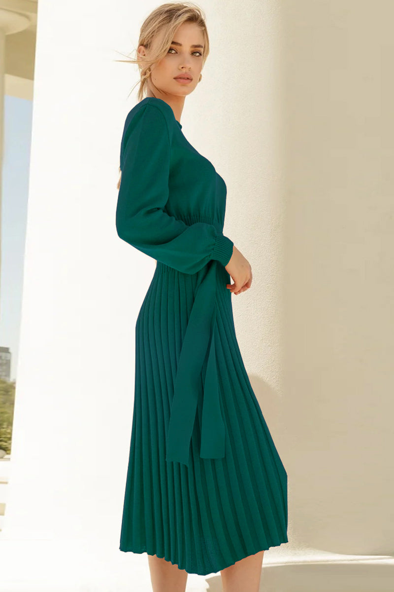 Round Neck Long Sleeve Pleated Sweater Dress - The Boutie Shop