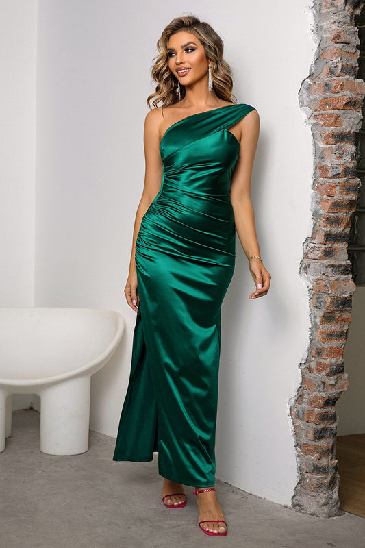 One-Shoulder Ruched Slit Maxi Dress - The Boutie Shop