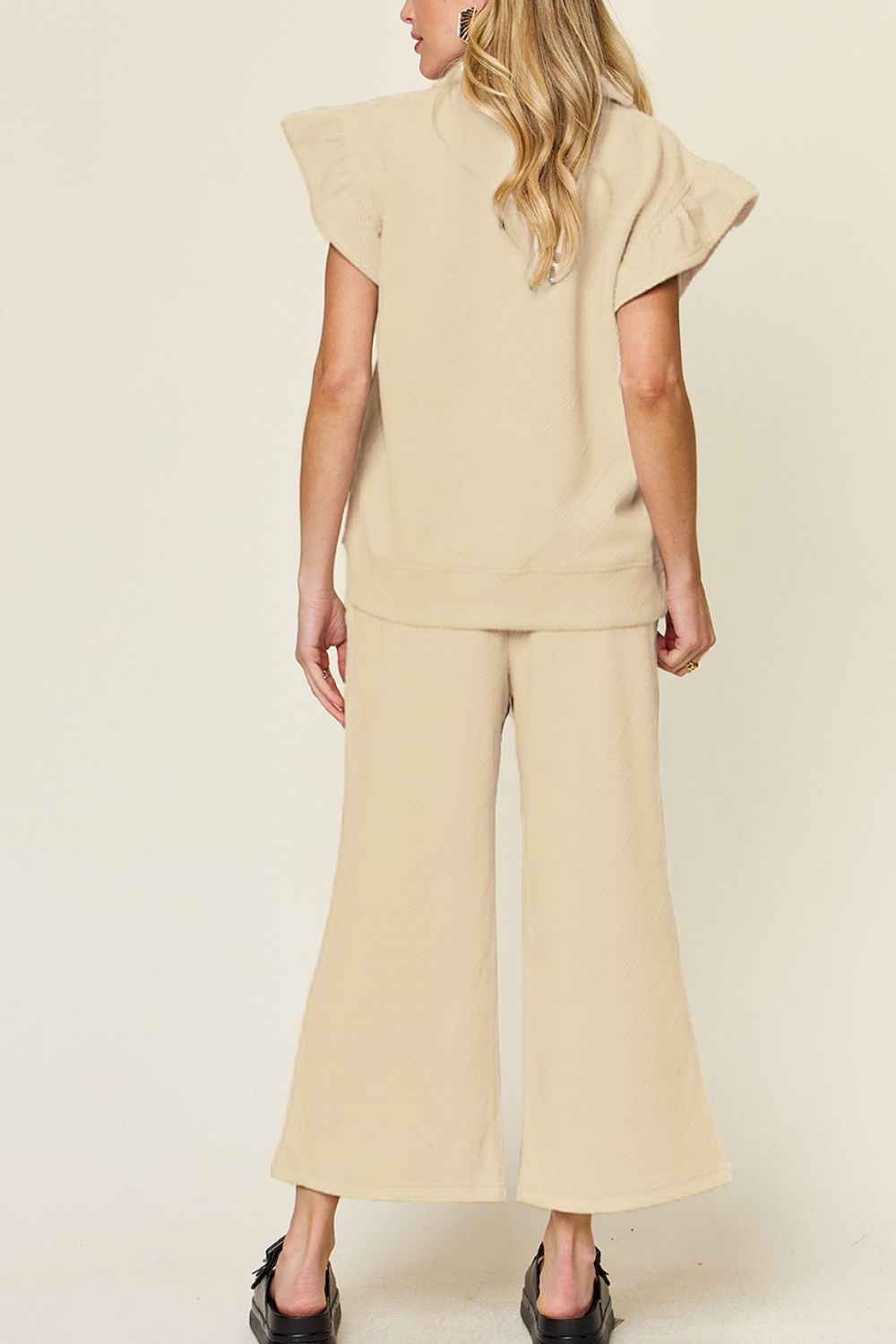 Double Take Texture Ruffle Short Sleeve Top and Drawstring Wide Leg Pants Set - The Boutie Shop