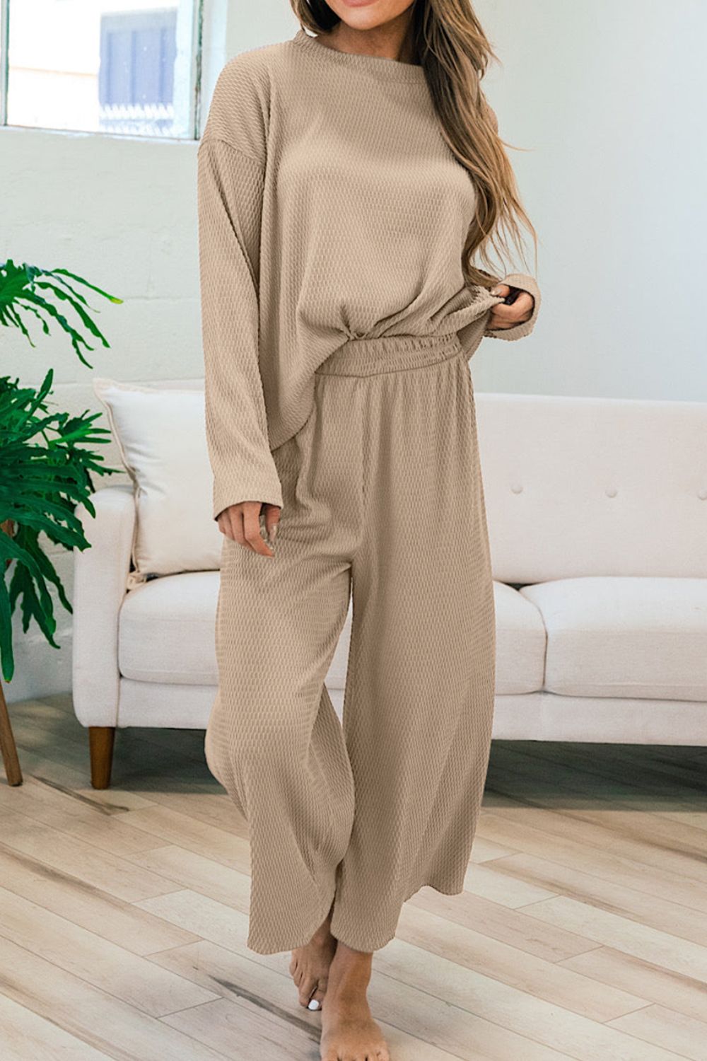 Round Neck Dropped Shoulder Top and Pants Set - The Boutie Shop