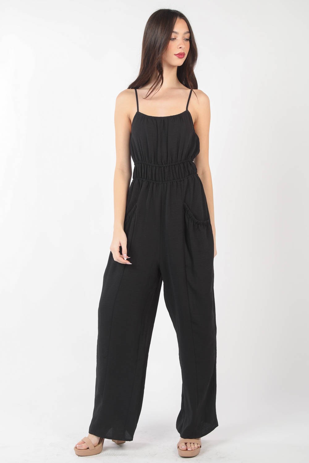 VERY J Pintuck Detail Woven Sleeveless Jumpsuit - The Boutie Shop