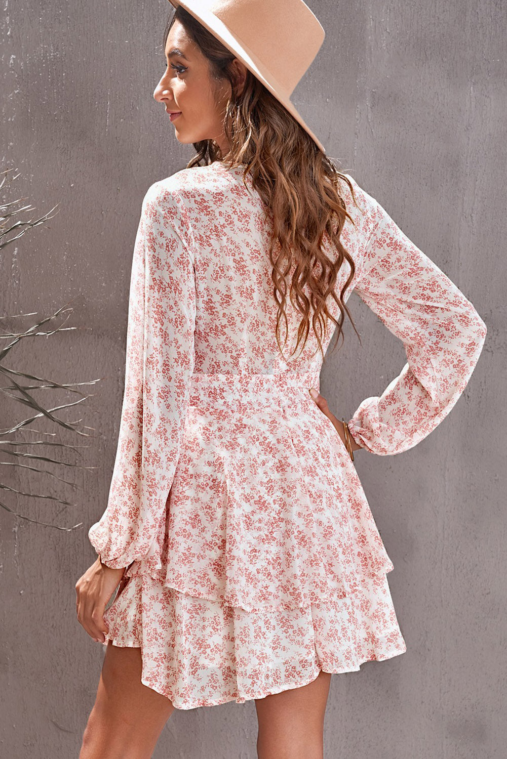 Floral Surplice Balloon Sleeve Layered Dress - The Boutie Shop