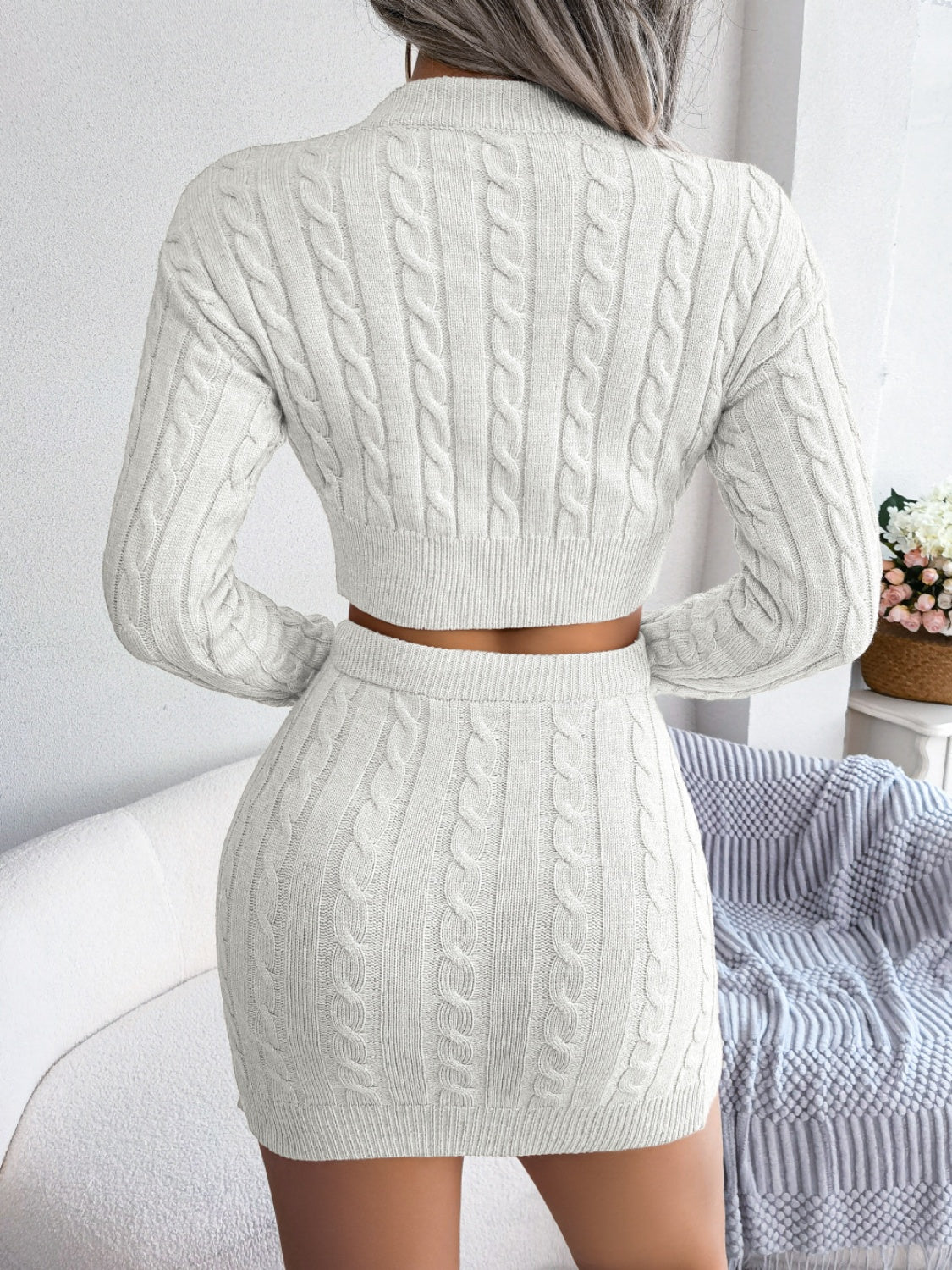 Cable-Knit Round Neck Top and Skirt Sweater Set - The Boutie Shop